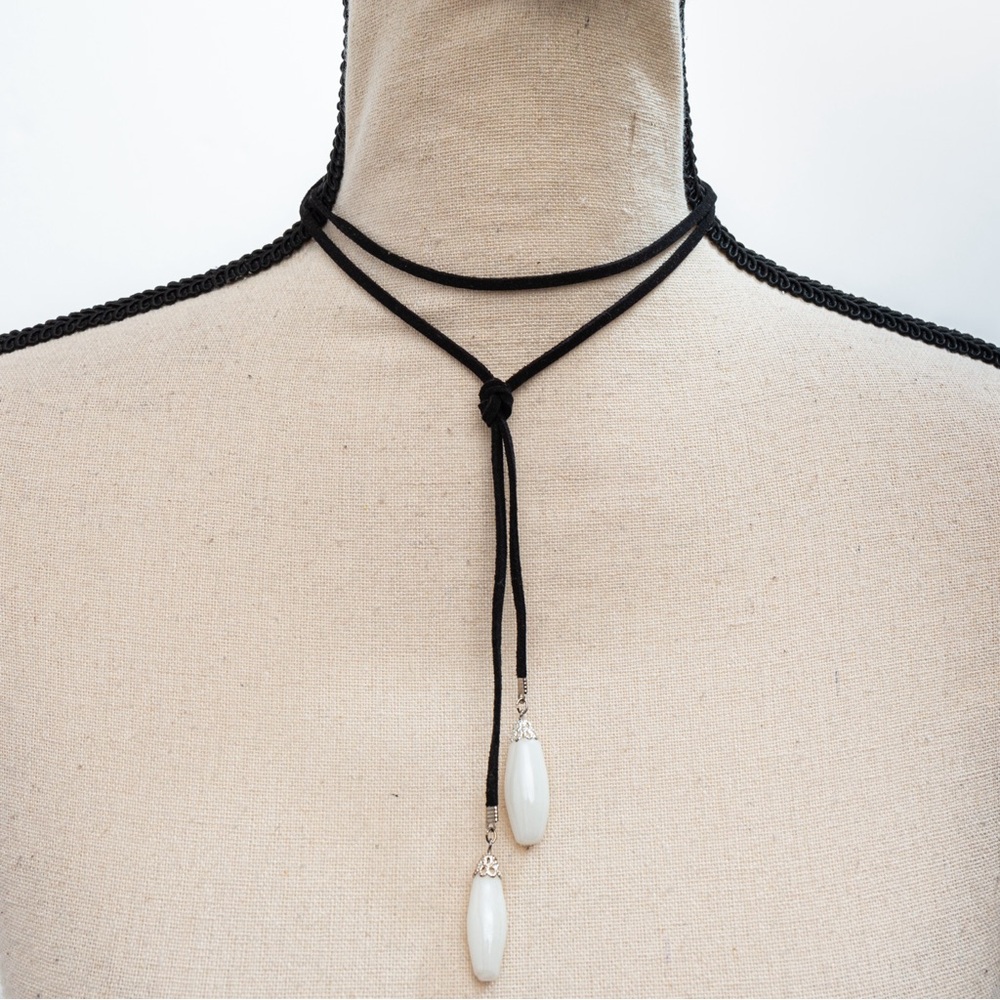 Cord necklace choker faux black suede leather cord & oblong beads